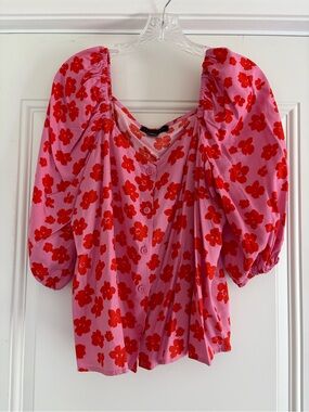 Sanctuary Pink Top with Red Floral Print and Puff Sleeves